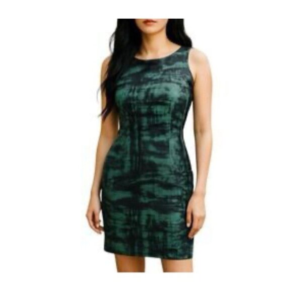 Jay Godfrey Sheath Dress 6 Faux Stretch Silk Sheath Green Black NEW $300 - Picture 2 of 9